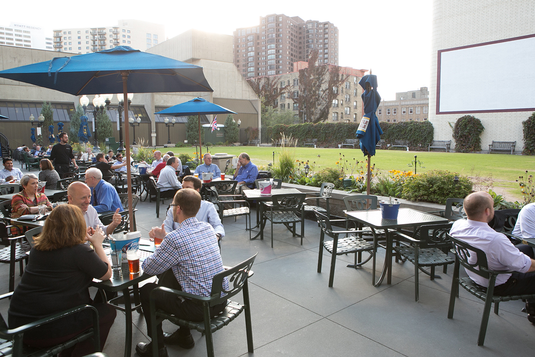 People dining on the rooftop at Brit's Pub in downtown Minneapolis, Minnesota.