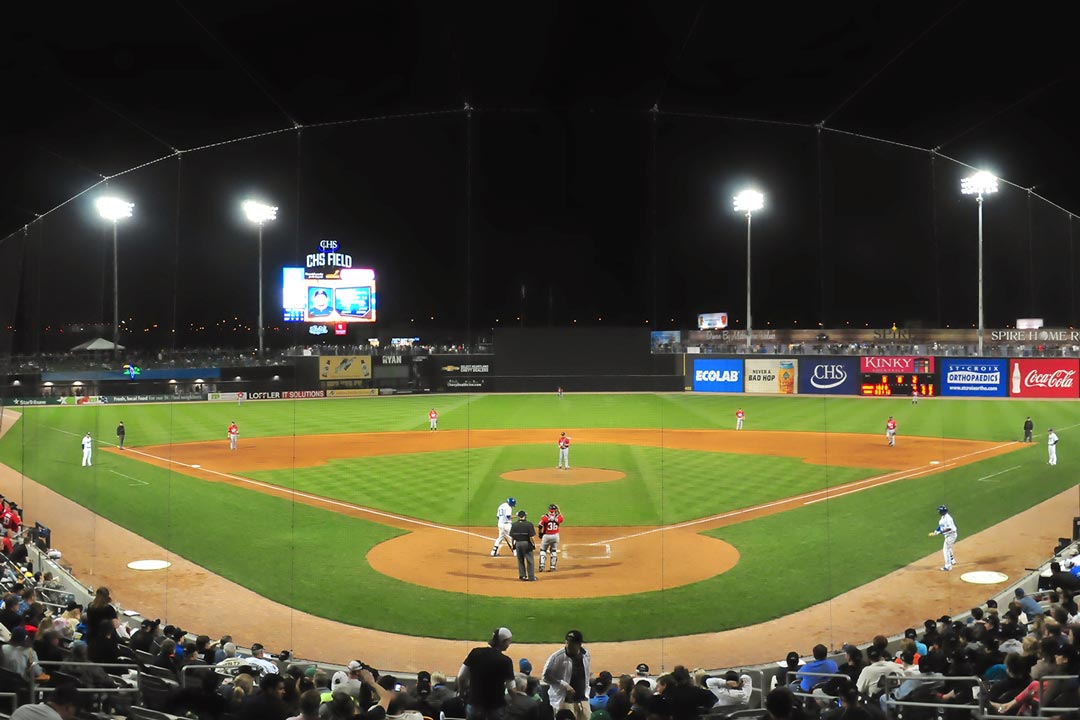 CHS Field, home of the St. Paul Saints, at night.